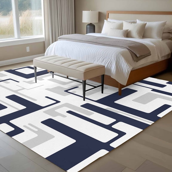 Navy Gray Geometric Stripes 6x9 Rug for Dining Room Table and Chair Setup, Modern Abstract Lines Maze Low Pile Washable Non Slip Rectangle Area Rug