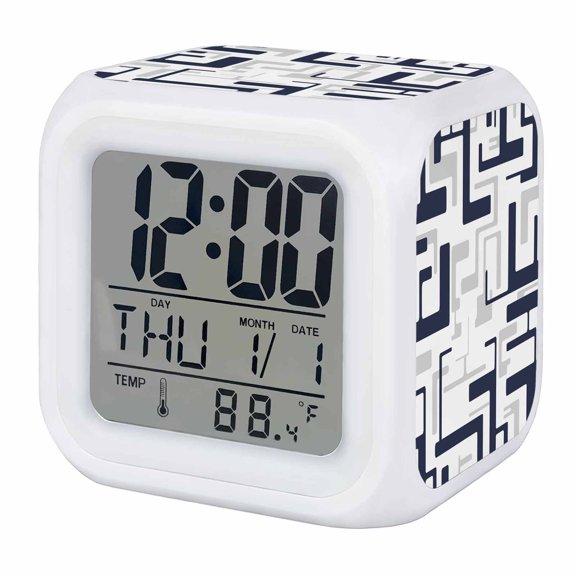 Navy Gray Geometric Stripes Alarm Clock, Modern Abstract Lines Maze Digital Clock Night Light with 7 Color, Calendar Temperature Display, LED Desk Small Clock for Bedrooms Bedside Living Room