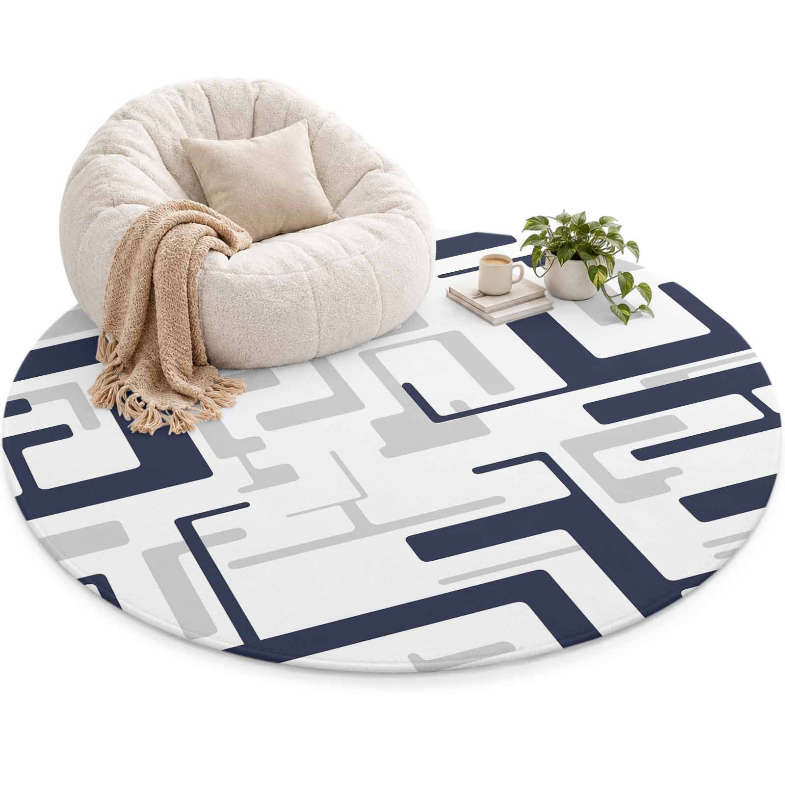 Navy Gray Geometric Stripes Area Rug 4', Modern Abstract Lines Maze ...