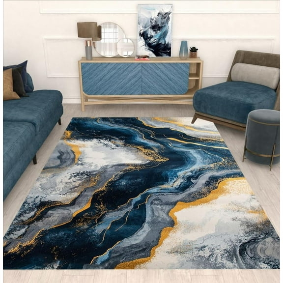 Navy Gray Gold Marble Pattern Modern Abstract Soft Area Rug Unique Aesthetic Big Rug For Living Room Bedroom Guestroom Carpet Under Dining Table Indoor Office Dorm Floor Rug Mat 3x4ft