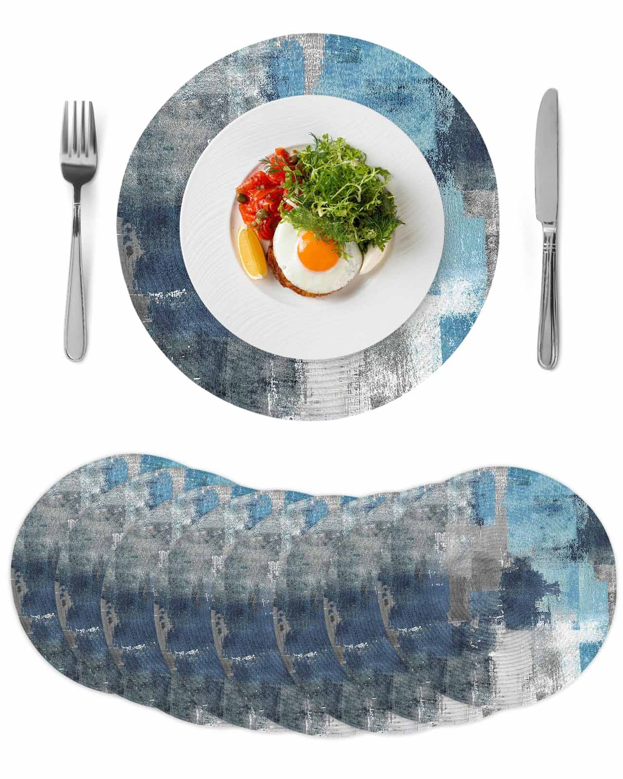 Navy Gray Graffiti Block Round Table Placemats set of 8, Modern ...