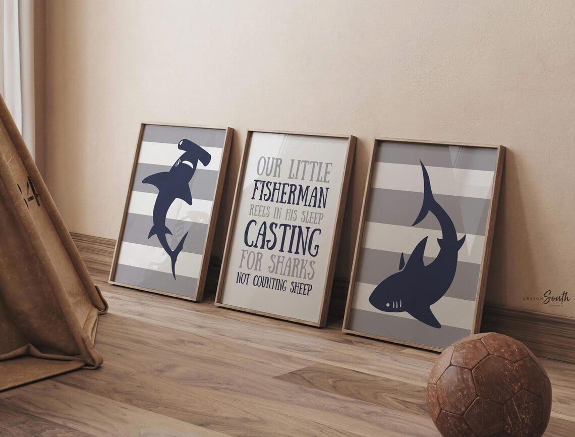 Shark Project Drawings Navy Gray Shark Wall Art Prints, Boys Ocean Nursery Decor - Walmart.com