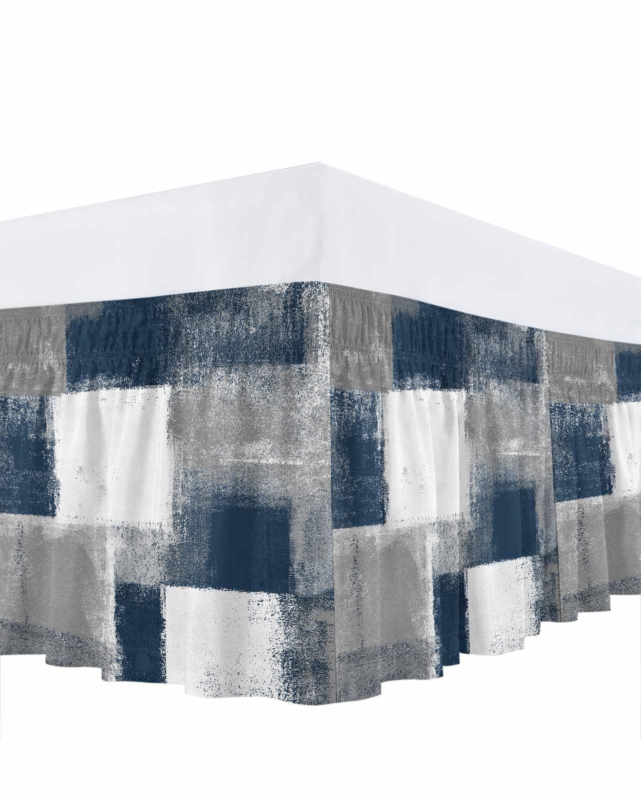 Navy Grey Abstract Art Bed Skirt Queen Size 16" Drop White Graffiti Retro Gradient Ruffled Wrap Around Bed Skirts Adjustable Elastic Bedskirt Dust Ruffle for Queen Size Bed