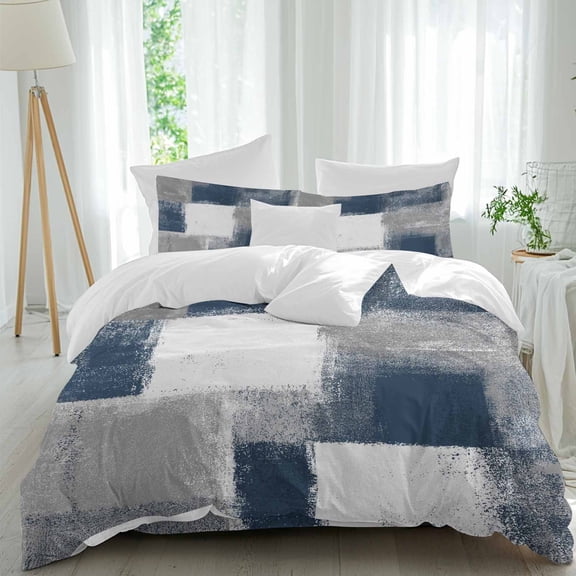 Navy Grey Abstract Art Full Size Comforter Set, White Graffiti Retro Gradient Bedding for All Seasons, 4 Pcs Bed Set, 1Quiltcover (86"x86") ,1Sheet(80"x116"), 2Pillowcases (30"x20")