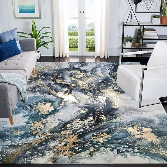 Navy Grey Gold Marble Area Rug For Living Room Bedroom, Abstract Modern Soft Washable Carpet, Indoor Decorative Rugs With Non-Slip Backing 5 x 7ft