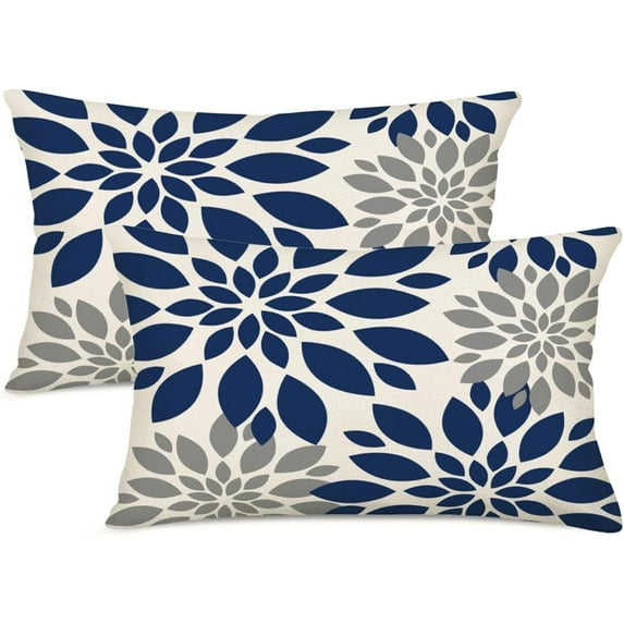 Navy Grey White Pillow Covers 12x20 Inch Set of 2 Dahlia Floral Decor Throw Pillows Spring Summer Modern Geometry Flower Outdoor Decorative Cushion Cases for Sofa Couch Bed Decorations