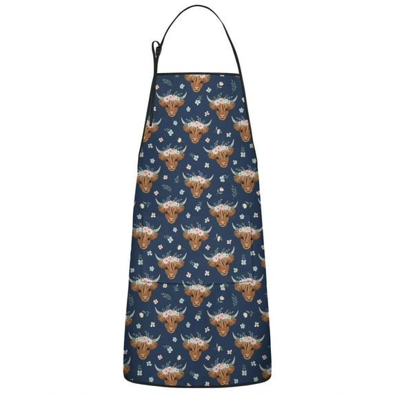 Navy Highland Cow Flower Pattern Apron-Garden Aprons for Women with Pockets-Cotton Linen Waterproof Kitchen Cooking Gardening Aprons Adjustable for Kitchen,Cooking,BBQ and Salon 33x27 Inch