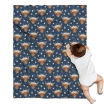 Navy Highland Cow Flower Pattern Blanket,Comfortable Soft Flannel Throw Blanket,All Season,Warm Lightweight Blankets for Sofa Bed Couch Living Room Chair,30"x40"