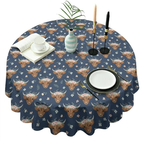 Navy Highland Cow Flower Pattern Round Tablecloth 60"x60",Wrinkle Wipeable Table Cloth for Kitchen Dining Room Picnic Patio Party