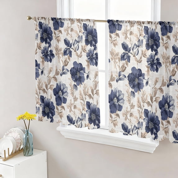 Navy Indigo Florals Semi Sheer Curtains 54 Inch Length 2 Panels Set, Farmhouse Botanical Peonies Leaves Sheer Kitchen Curtain Privacy Voile Window Curtain for Living Room Bedroom Rod Pocket Drapes
