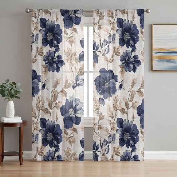 Navy Indigo Florals Semi Sheer Curtains 63 Inch Length 2 Panels Set, Farmhouse Botanical Peonies Leaves Sheer Kitchen Curtain Privacy Voile Window Curtain for Living Room Bedroom Rod Pocket Drapes