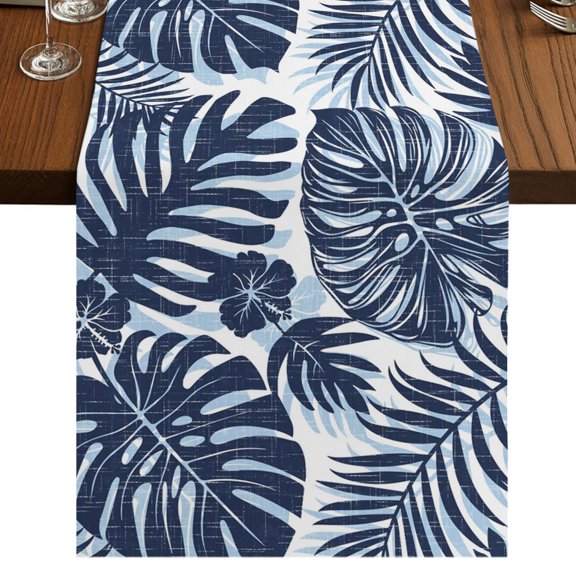 Navy Indigo Monstera Burlap Cotton Table Runner 13x70 Inches Long, Palm Tree Leaf Boho Botanical Tropical Farmhouse Table Runners, Outdoor Dining Tablecloths Decor for Baby Shower/Party/Wedding