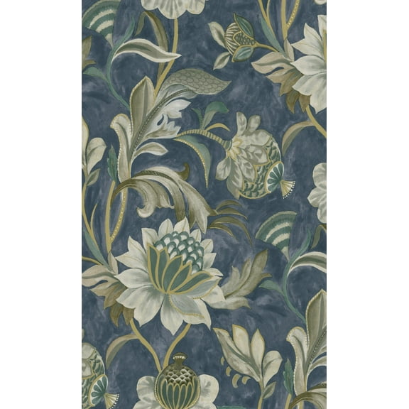 Navy Jacobean Style Floral Wallpaper
