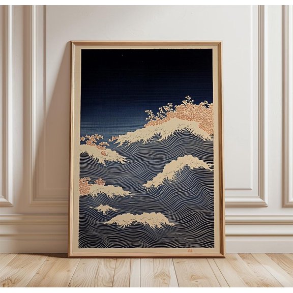 Navy Japanese Wave Pattern Poster, Minimal Ocean Wall Art