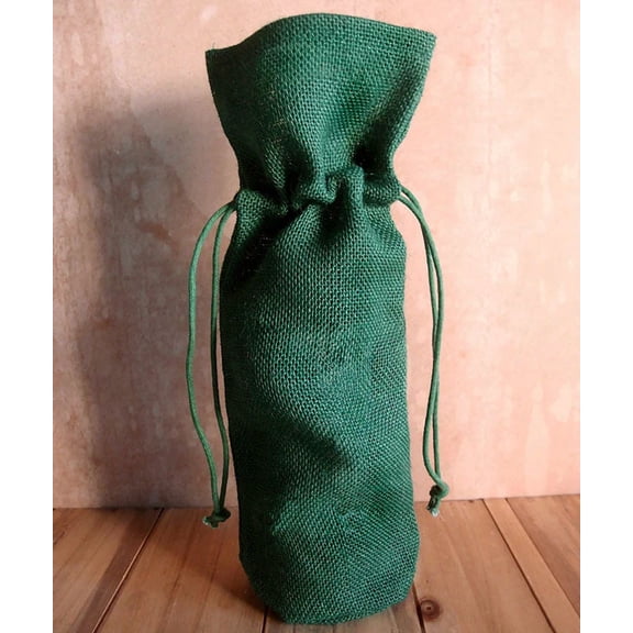 Burlap Fabric Jute Wine Gift Bag with Drawstring, Hunter Green, 6 in x 15 in x 3.5 in