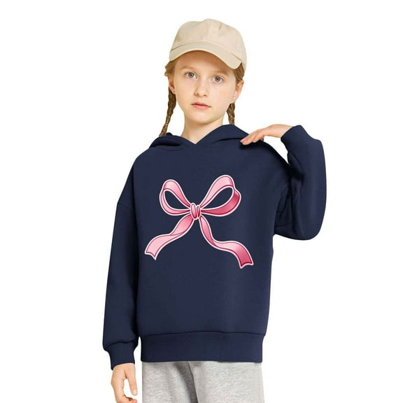 Navy Kids Girls Hooded Sweatshirt 2-7T, 100% Polyester Bow Print Pullover Hoodie, Easy Care Machine Washable Wrinkle Resistant,Size 4 T