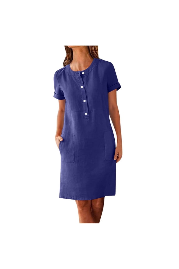 Navy Ladies Boat Neck Faux Gauze Linen Button Dresses for Women Short Sleeve Plain Midi Knee High Summer Fall 2025 Clothing S