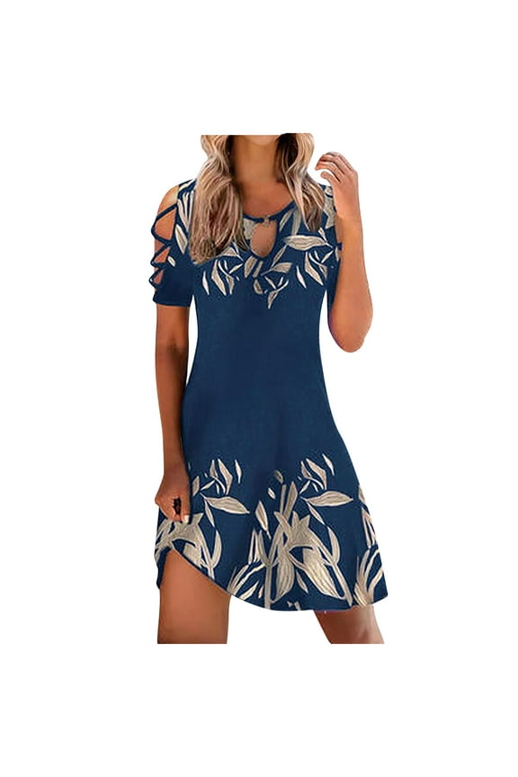 Navy Ladies Cut Out Hawaiian Tropical Feather Midi Knee Length Dresses Loose Fit Dresses for Women Short Sleeve Vneck Beach Lounge Summer Fall Dresses 2025 Clothing XXL