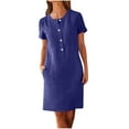 thumbnail image 1 of Navy Ladies Short Sleeve Dresses for Women Crew Neck Faux Linen Plain Midi Knee High Summer Fall Dresses Button 2025 Soft Comfy Clothing Trendy L, 1 of 4