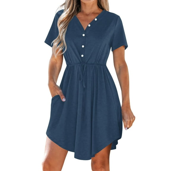 Navy Ladies Vneck Dresses for Women Short Sleeve Midi Knee Length Lounge Pleated Paperbag Basic Fall Summer Dresses 2025 Clothes Trendy Regular Fit 3XL