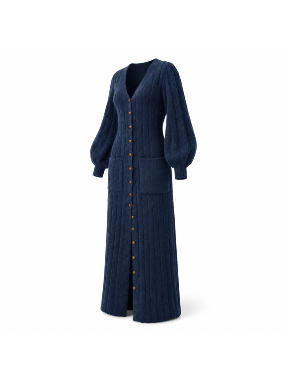 Navy Large Women Long Knit V Neck Puff Sleeve Duster Cardigan Coat