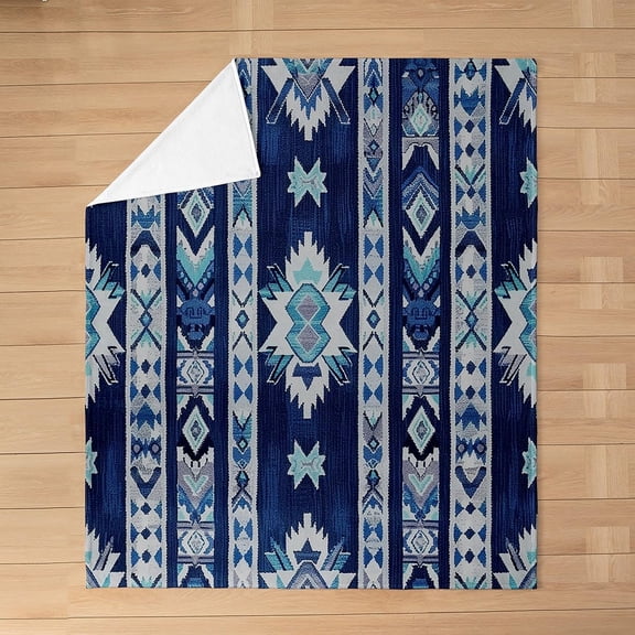 Navy Light Blue Aztec Striped Geometric Print Throw Blanket Western Tribal Ethnic Pattern Soft Flannel Decorative Blanket For Sofa Bedroom