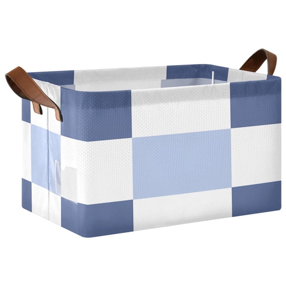 Navy Light Blue Check Pattern Collapsible Storage Bin Open Home Shelf Basket Water-Resistant Iron Frame Large