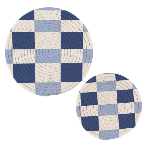 Navy Light Blue Check Pattern Cotton Trivets Potholders Set of 2 Handmade Heat Resistant Non Slip Absorbent