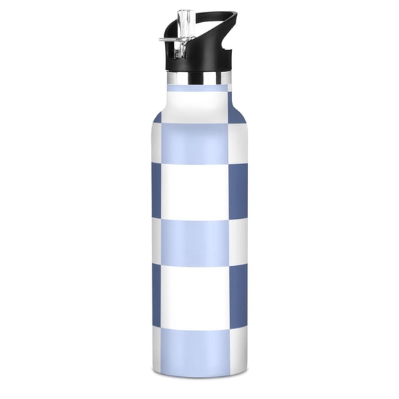 Navy Light Blue Check Pattern Sport Water Bottle for Kids Insulated with Straw for School Outdoor Daily Use