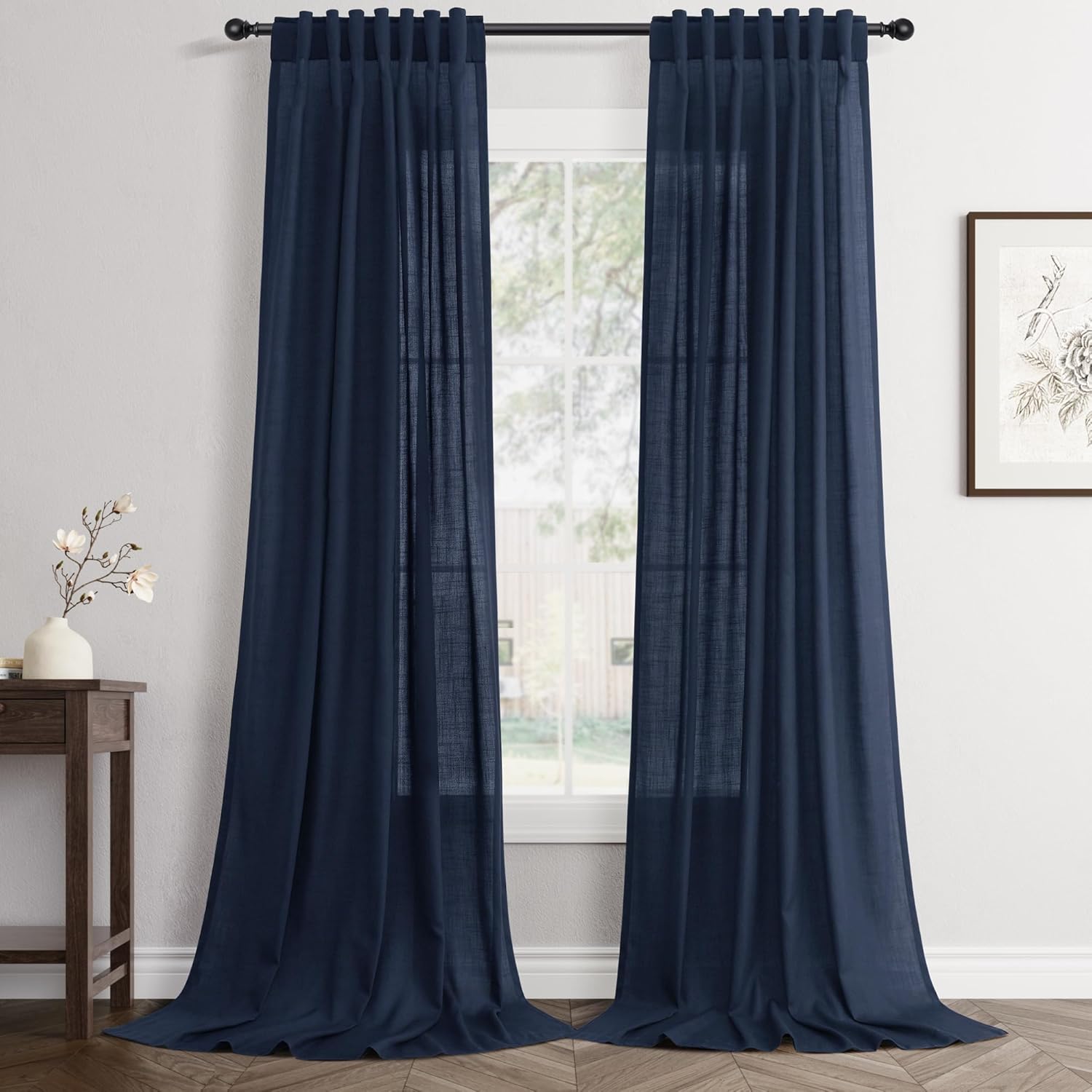 Navy Linen Curtains 108 Inch Length, 2 Panels Set, Modern Farmhouse