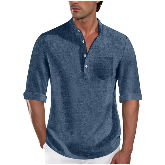 Navy Long Short 3/4 Length Sleeve Tee Shirts for Mens Fall Winter Collared Neck Faux Linen Lounge Cardigan Plain Tops Shirt Mens Button 2026 Soft Comfy Clothes M