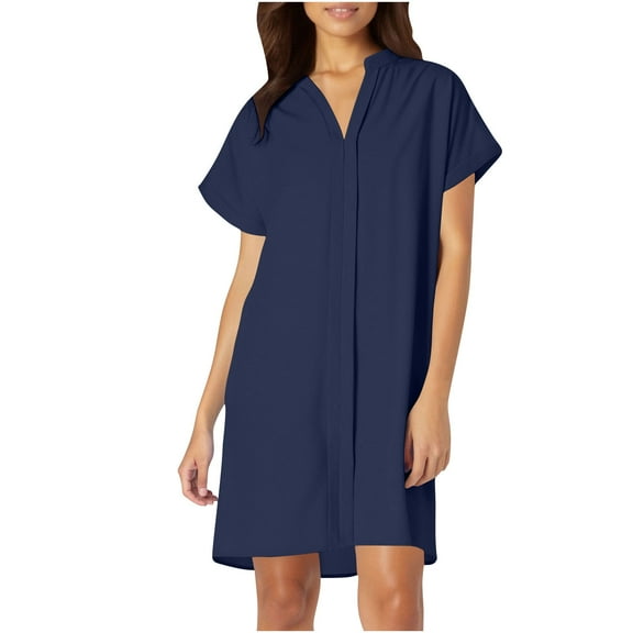 Navy Loose Fit Dresses for Women Fall Summer Short Sleeve V Neck Spandex Midi Knee Length Basic Dresses Women 2025 Clothes Trendy Country Concert Y2K M