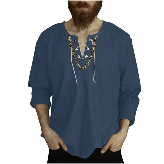 Navy Loose Fit T Shirts for Mens Fall Summer Long Sleeve V Neck Faux Linen Brunch Vintage Gothic Grunge Pleated Tops Shirts Man 2025 Soft Comfy Clothing Trendy XXL