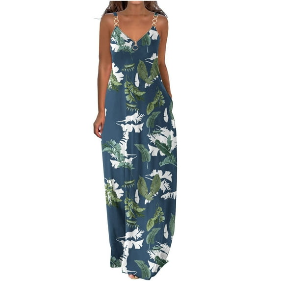 Navy Lounge Dresses for Women Fall Summer Sleeveless Spaghetti Strap Vneck Floral Graphic Maxi Long Loose Fit Dresses Womens 2025 Clothes Fashion XXL