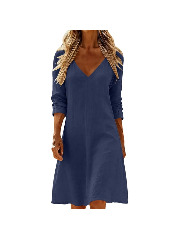 Navy Lounge for Women Fall Summer Long Sleeve Vneck Faux Linen Mini Little Basic Dresses Womens 2026 Clothing Fashion Y2K L