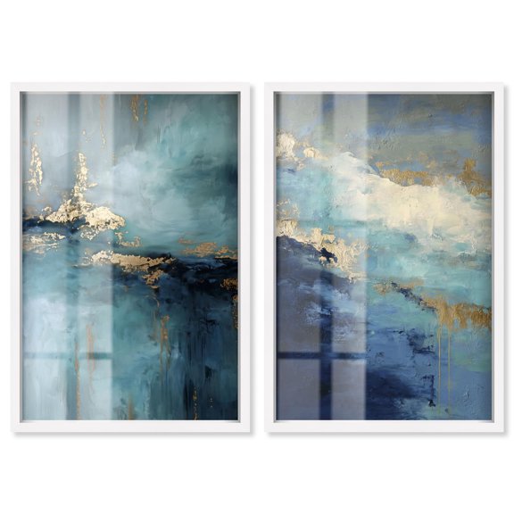 Navy Luster Veins Set Shadowbox Print Sage Gold Wall Art Set by Art Remedy, White Frame, 16 x 24