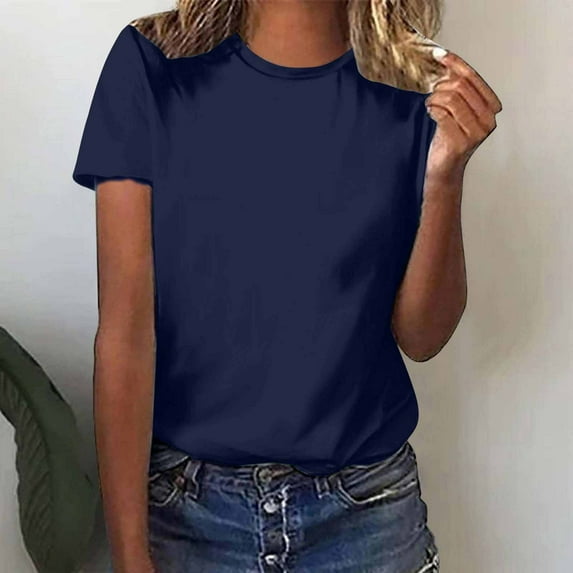 Navy M WIZUTIZ Short Sleeve Shirts for Women up to 65% Off Breathable Tops Round Neck Fluffy Plus Size Ladies Tshirt Sports Solid Tee Cotton Soft Summer-Beach Shirts Pure Colour Plus Short Sleeve Blo