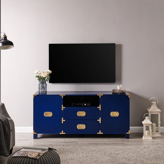 Navy MDF Media Stand with Campaign Design Conceal Clutter and Keep Media Players Accessible