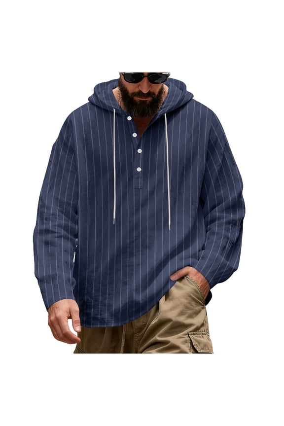 Navy Man Button Long Sleeve Hoodies Shacket Coat for Man Faux Gauze Linen Striped Hooded Fall Summer Coat 2026 Clothes Regular Fit Y2K XXL