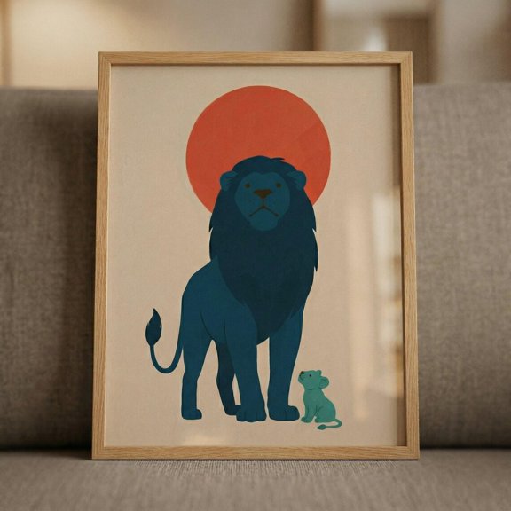 Navy Mane Lion Orange Sun Wall Decor Unframed Paper Print