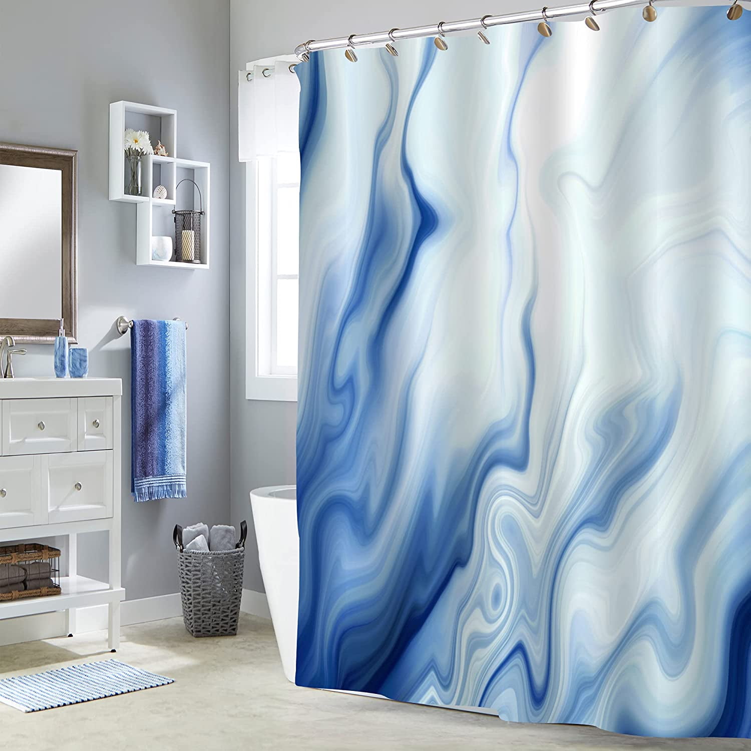 Navy Marble Shower Curtain Set, Dark Blue Ombre Fabric Shower Curtain for Bathroom Decor, Modern Abstract Standard Shower Curtain, Luxury Washable Liquid Wave Shower Curtain, 72 x 72