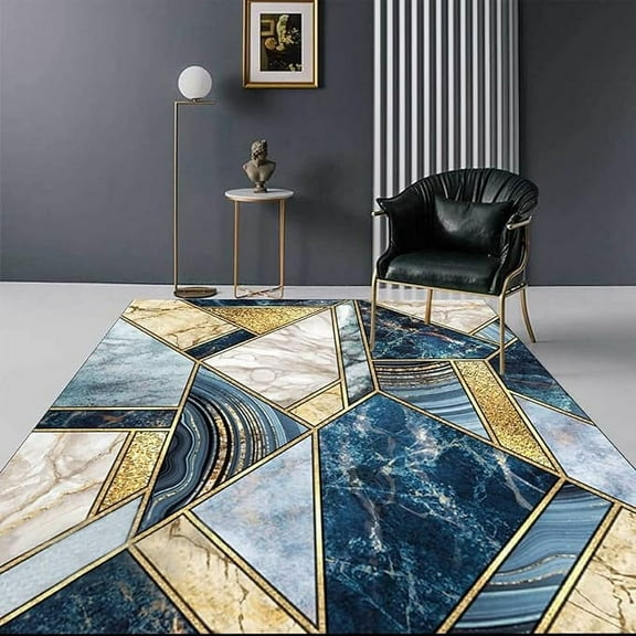 Navy Marble Swirl Area Rug, Modern Geometric Patchwork Decorative Rugs, Easy Clean Carpet With Anti-Slip Backing For Bedroom Living Room Dining Room Office 5 x 6ft