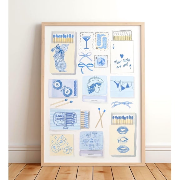 Navy Matchbox Art Print Retro 8 Ball Blue Cheetah, Unframed Paper Poster 8x10in