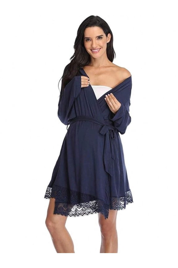 Navy Maternity Wrap Robe With Lace Hem - Soft Knit Nursing & Sleepwear For Women