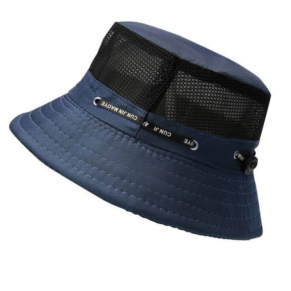 Navy Men Solid Drawstring Sun Hat With Mesh Ventilation Fisherman Design Beach Headwear Adjustable And Lightweight For Outdoor Use And Vacation