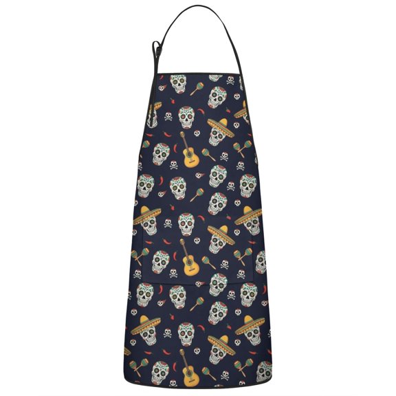 Navy Mexican Skull Pattern Apron-Garden Aprons for Women with Pockets-Cotton Linen Waterproof Kitchen Cooking Gardening Aprons Adjustable for Kitchen,Cooking,BBQ and Salon 33x27 Inch