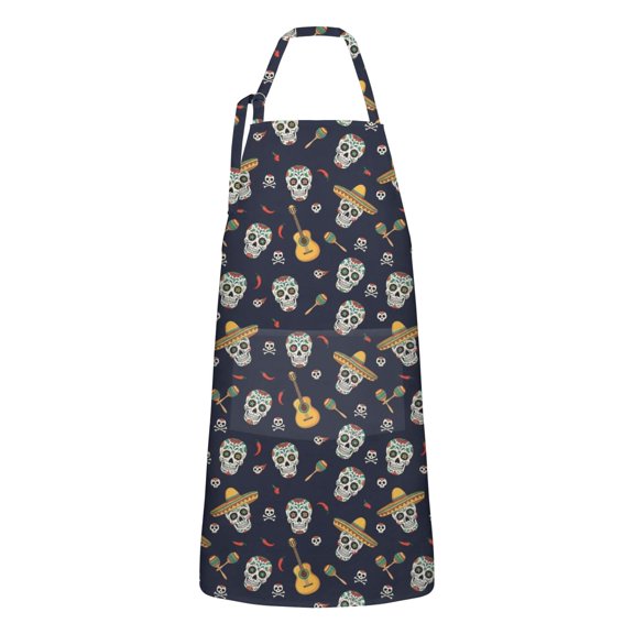Navy Mexican Skull Pattern Apron-Garden Aprons for Women with Pockets-Cotton Linen Waterproof Kitchen Cooking Gardening Aprons Adjustable for Kitchen,Cooking,BBQ and Salon 33x27 Inch