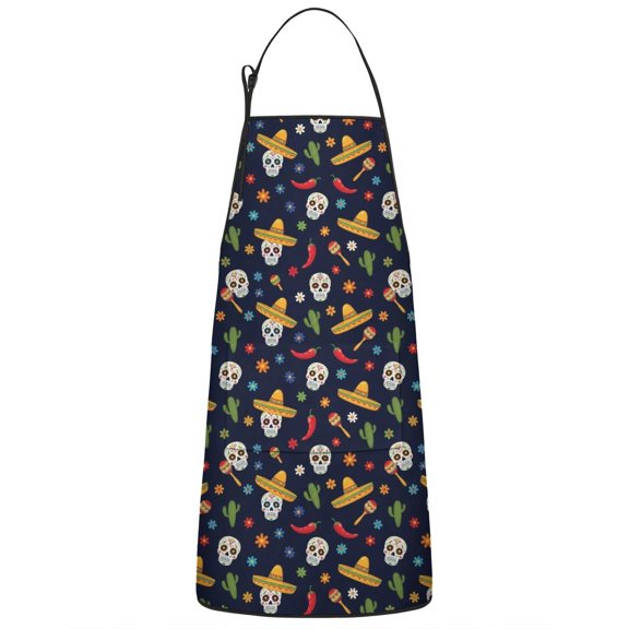 Navy Mexican Skull Pattern Apron-Garden Aprons for Women with Pockets-Cotton Linen Waterproof Kitchen Cooking Gardening Aprons Adjustable for Kitchen,Cooking,BBQ and Salon 33x27 Inch