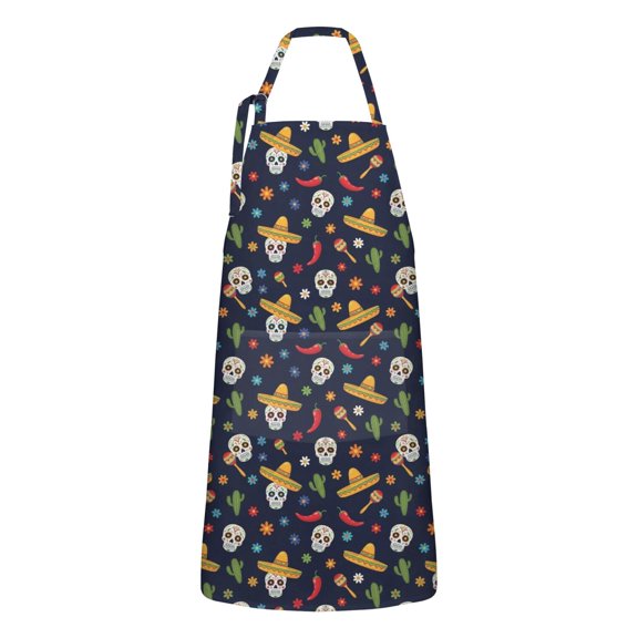 Navy Mexican Skull Pattern Apron-Garden Aprons for Women with Pockets-Cotton Linen Waterproof Kitchen Cooking Gardening Aprons Adjustable for Kitchen,Cooking,BBQ and Salon 33x27 Inch