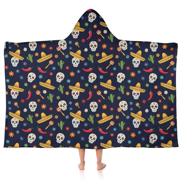 Navy Mexican Skull Pattern Hooded Bath Towel，50"x30" for Ages 3 To 12 Kids, Quick Dry Lightweight Soft Microfiber Hood Beach Towel Cover Up for Kids